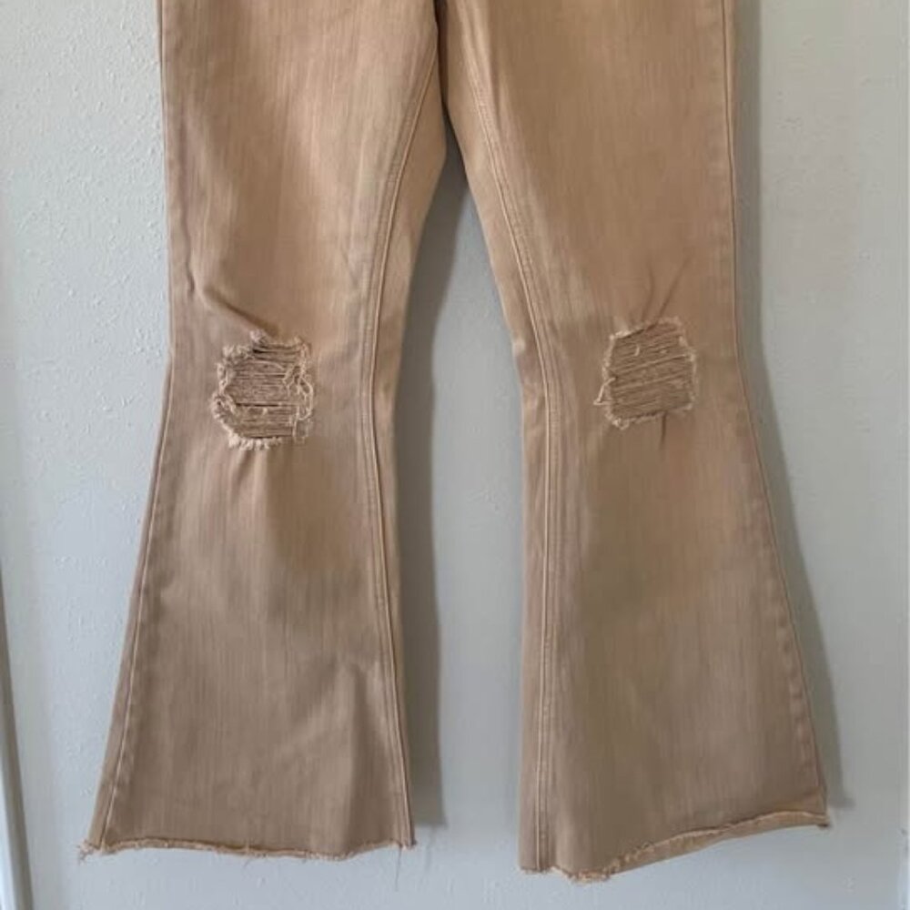 Vervet Women's Sz 26 X 28 Y2K Tan Stretchy Distressed Flare Bell Bottom Jeans - Picture 2 of 6